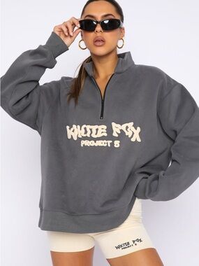 White Fox Boutique Project 5 Zip Front Sweater Volcanic with Cream Letters